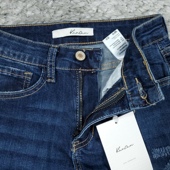 Kancan Dark Wash Blue High Rise Fray Hem Jean Denim Shorts Size 0 23 Stretch - Picture 5 of 6